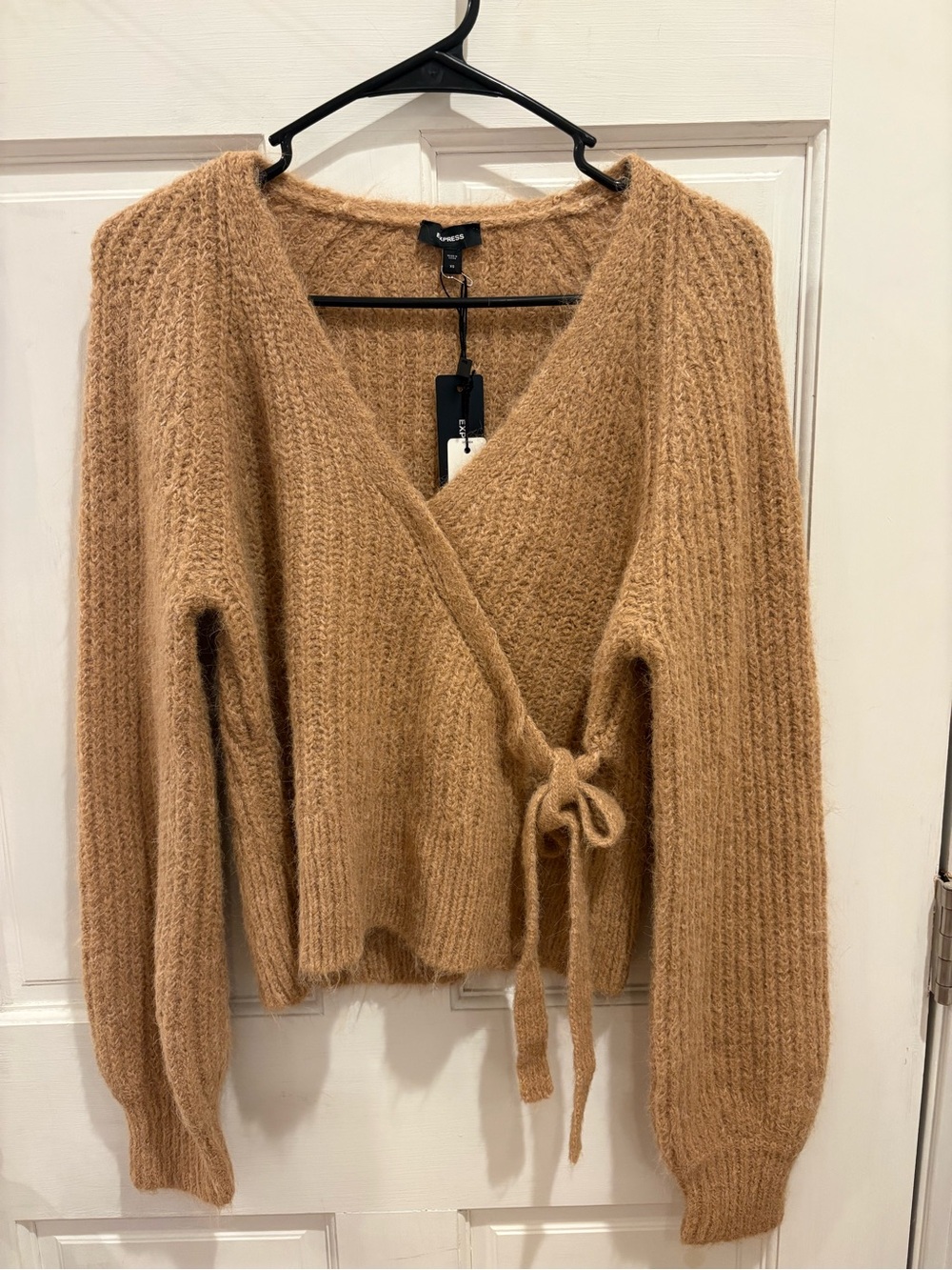 Express Tan Wrap Sweater - Cozy V-Neck Tie Front